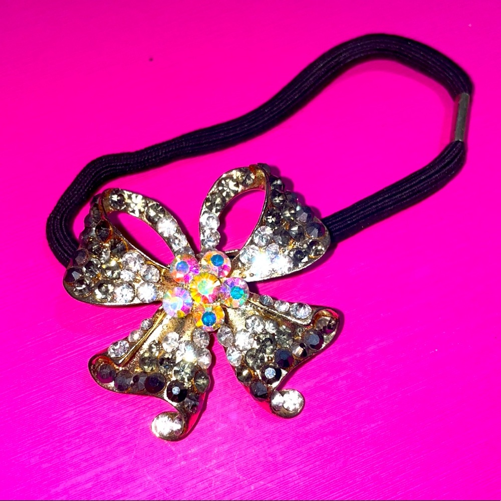 Black and silver bow tie flower hair tie